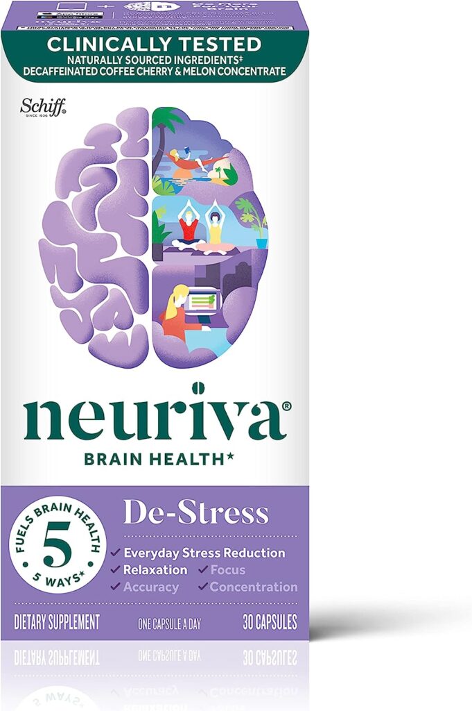NEURIVA Destress Brain Supplement for Focus, Concentration  Accuracy with L-Theanine for Relaxation  Everyday Stress Reduction and Melon Concentrate to Help Fight Oxidative Stress, 30ct Capsules