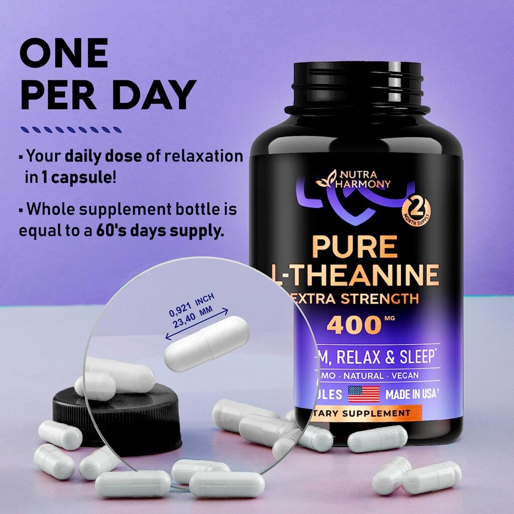 NUTRAHARMONY L-Theanine - 400 mg Extra Strength - Made in USA - Stress Relief  Focus Supplements - Sleep, Calm  Relax Support - As Gummies, Liquid, Pills - for Men  Women - 60 Vegan Capsules