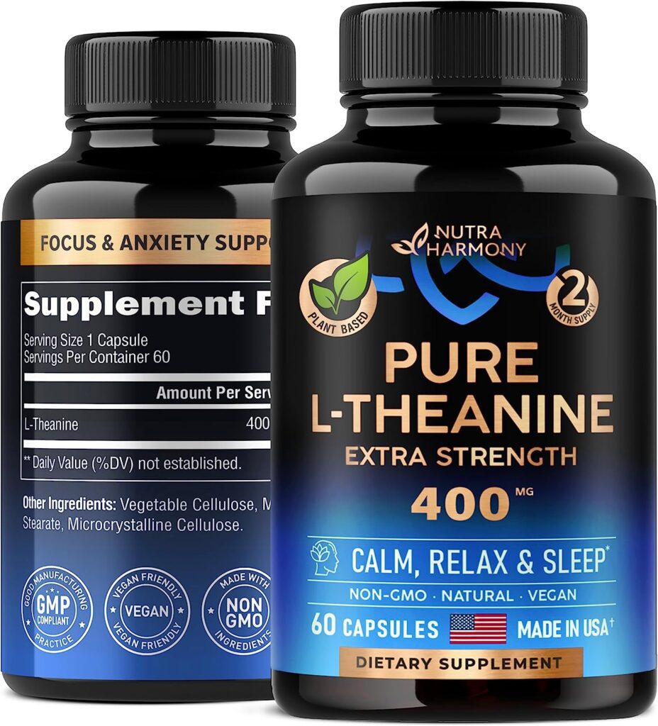 NUTRAHARMONY L-Theanine - 400 mg Extra Strength - Made in USA - Stress Relief  Focus Supplements - Sleep, Calm  Relax Support - As Gummies, Liquid, Pills - for Men  Women - 60 Vegan Capsules